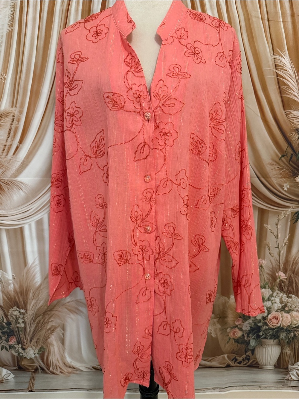 Susan Graver Coral Pink Floral Button-Front Tunic